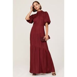 MinkPink Women's Burgundy Mock Short Sleeves Ines Maxi Gown Dress Size XS